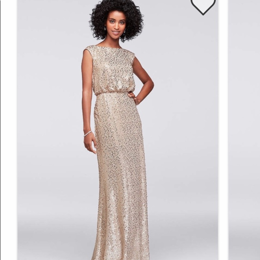 Gold sequins wedding guest dress.
